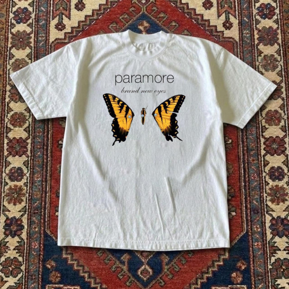White Paramore Brand New Eyes Graphic Tee With Yellow Butterfly Graphic